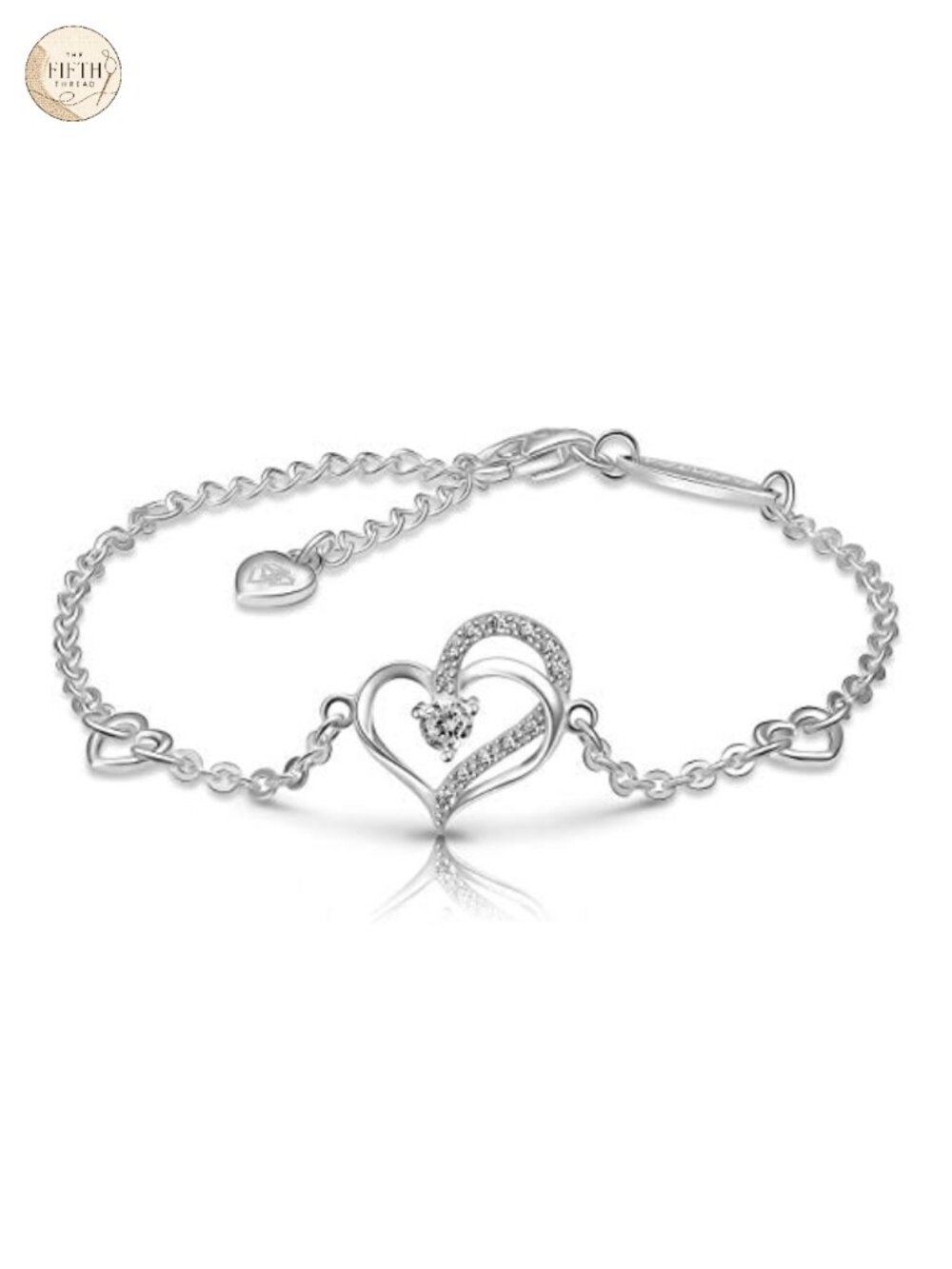 Sterling Silver Heart Bracelet Cubic Zirconia Charm Adjustable